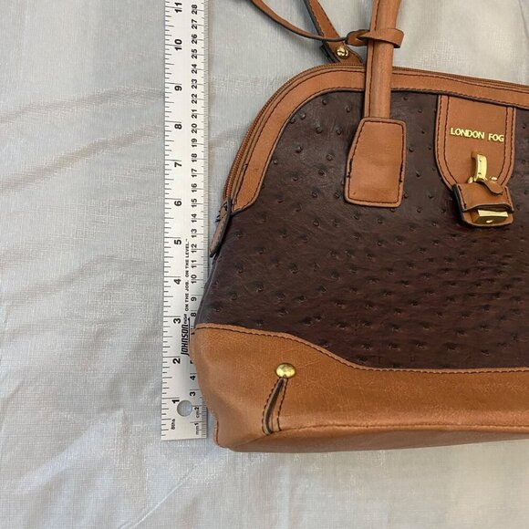 London Fog Brown & Tan Vegan Ostrich Leather Satchel Handbag With Shoulder - Picture 10 of 14